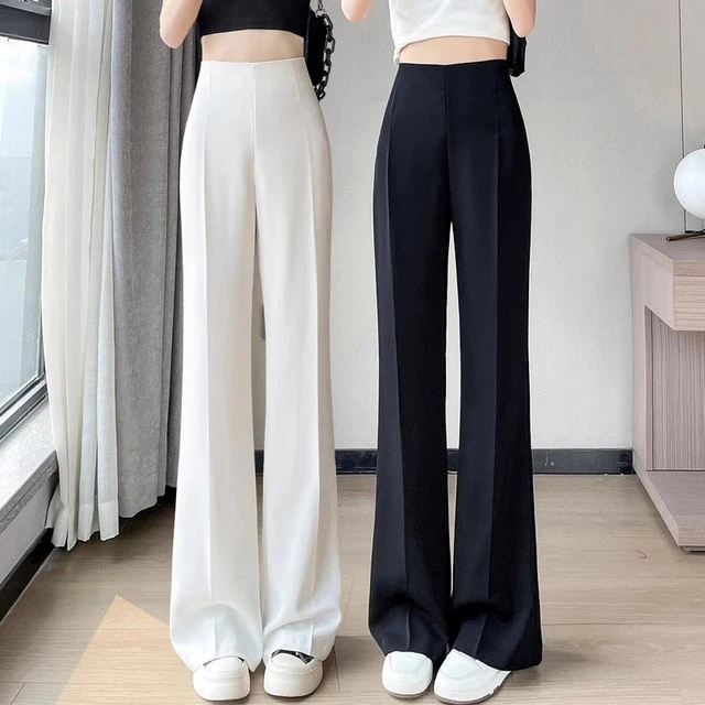 冰丝西装阔腿裤女夏季薄款高腰窄版直筒拖地小个子白色微喇西装裤