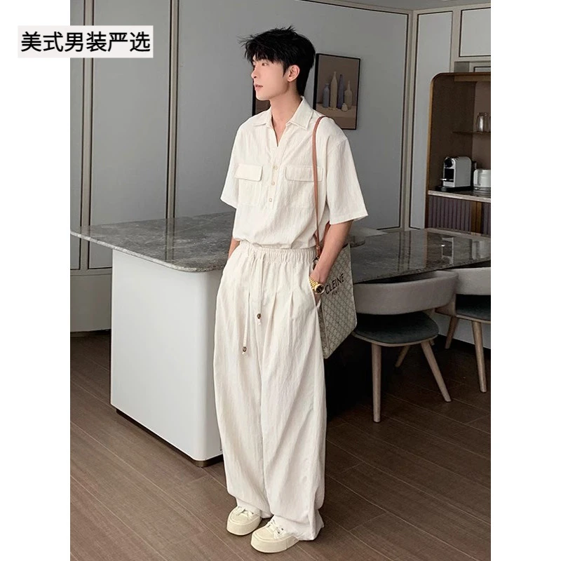 韩系夏季穿搭一整套男款休闲运动亚麻短袖衬衫套装上衣裤子两件套