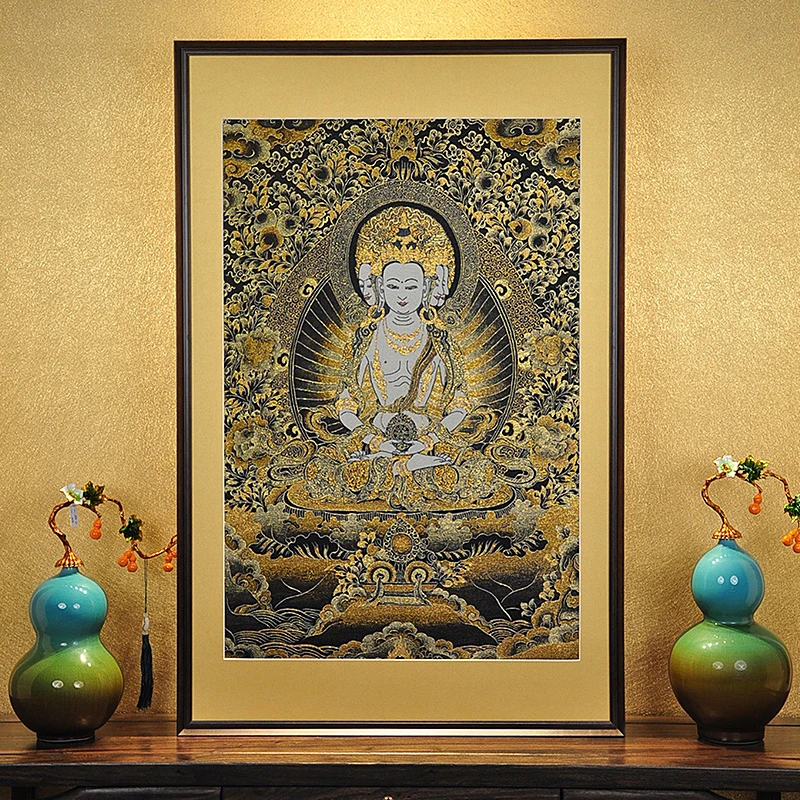 刺绣【大日如来】挂画实木装裱办公室玄关茶室书房背景墙装饰画