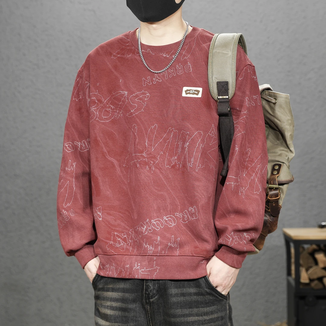 本命年红色扎染印花卫衣男秋季新款长袖上衣圆领宽松外套百搭男装