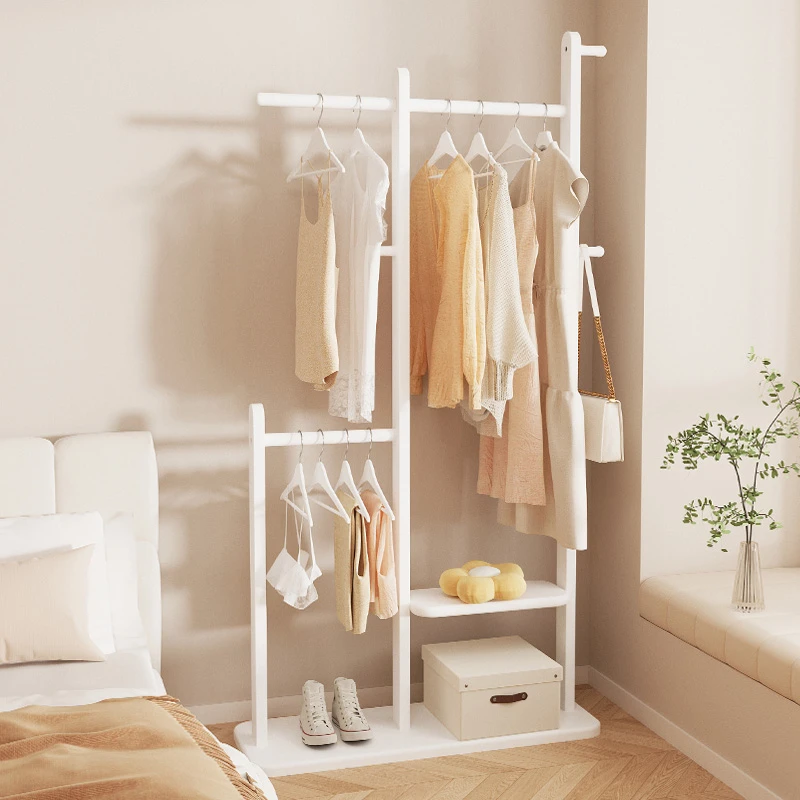 奶油风卧室落地挂衣架不占空间实木衣架结实耐用多功放衣服收纳架
