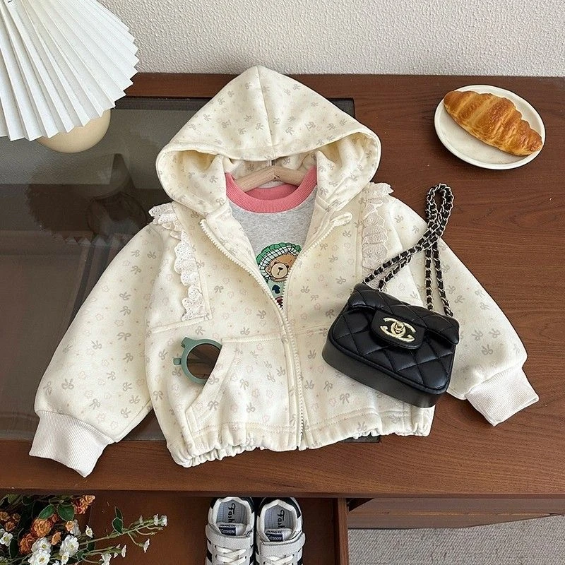 女童外套春秋季2025新款儿童碎花连帽卫衣女宝宝长袖上衣开衫春装