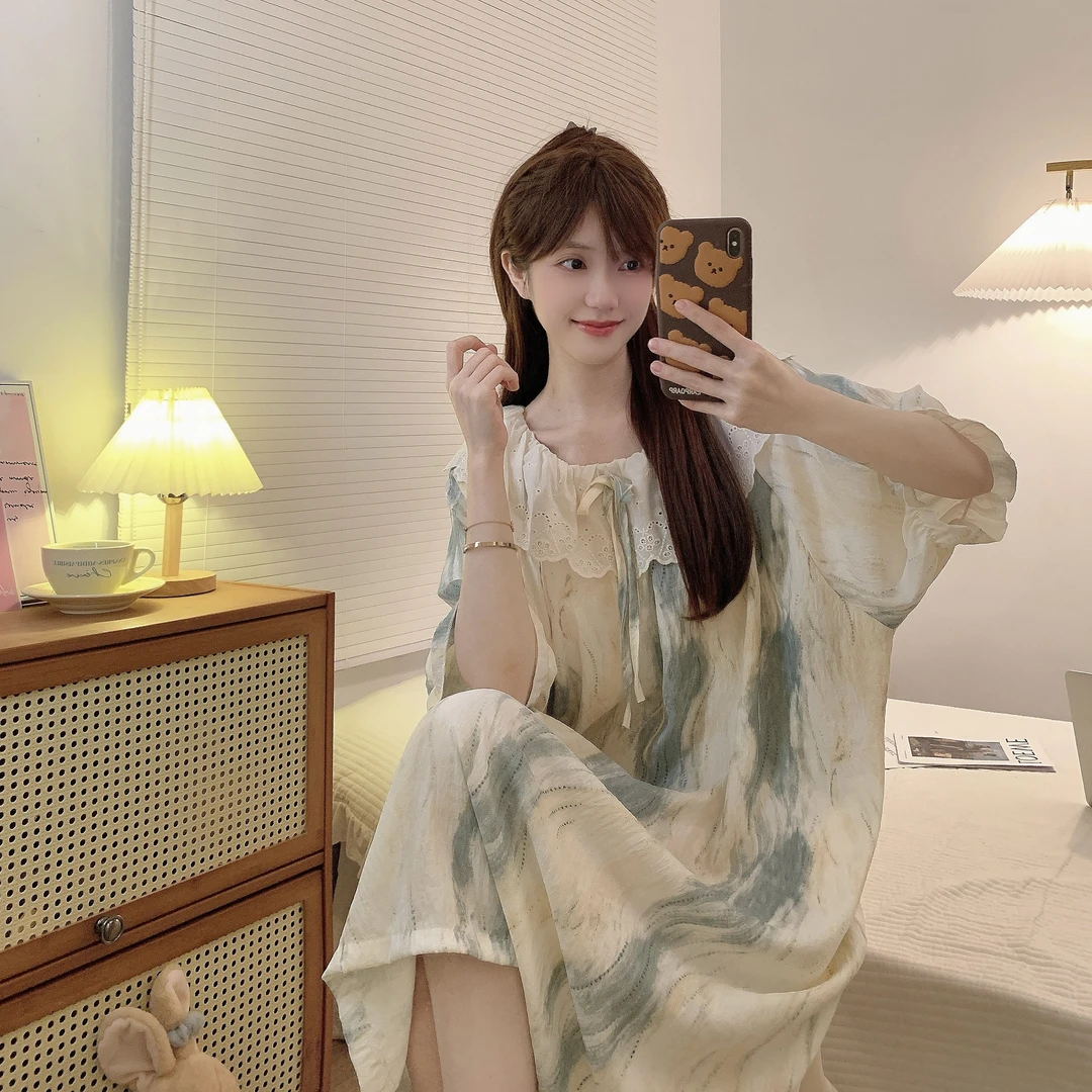 夏季带胸垫大码宽松胖mm短袖宽松睡裙女家居裙可外穿