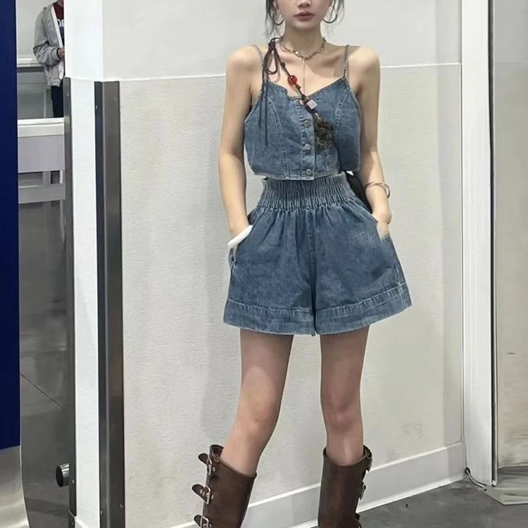 【柔软贴肤】甜辣风短款吊带牛仔背心上衣阔腿短裤套装女夏季小个子
