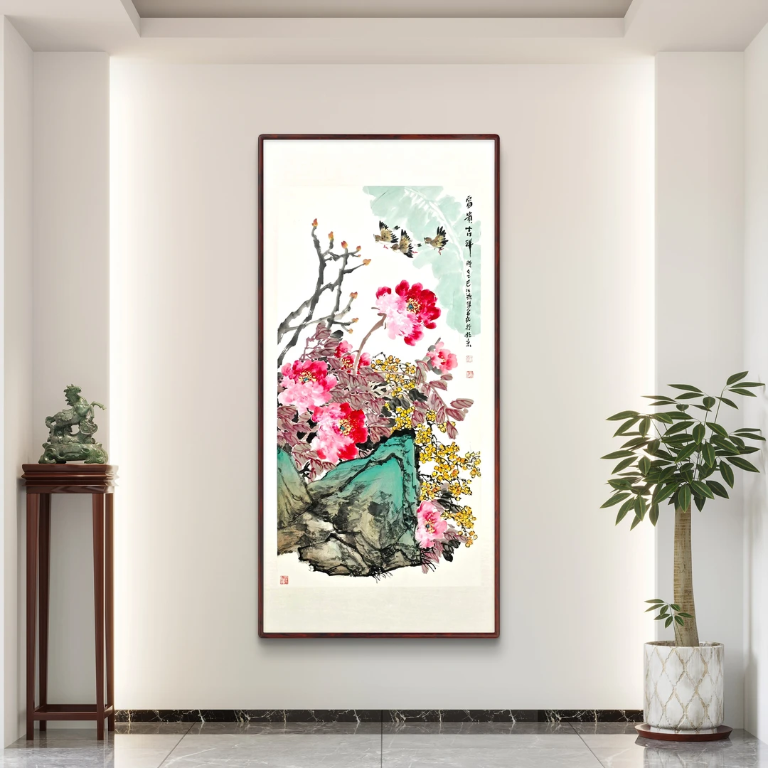 汪琼纯手绘牡丹《富贵吉祥》入户玄关书房茶室办公室挂画带框173*83