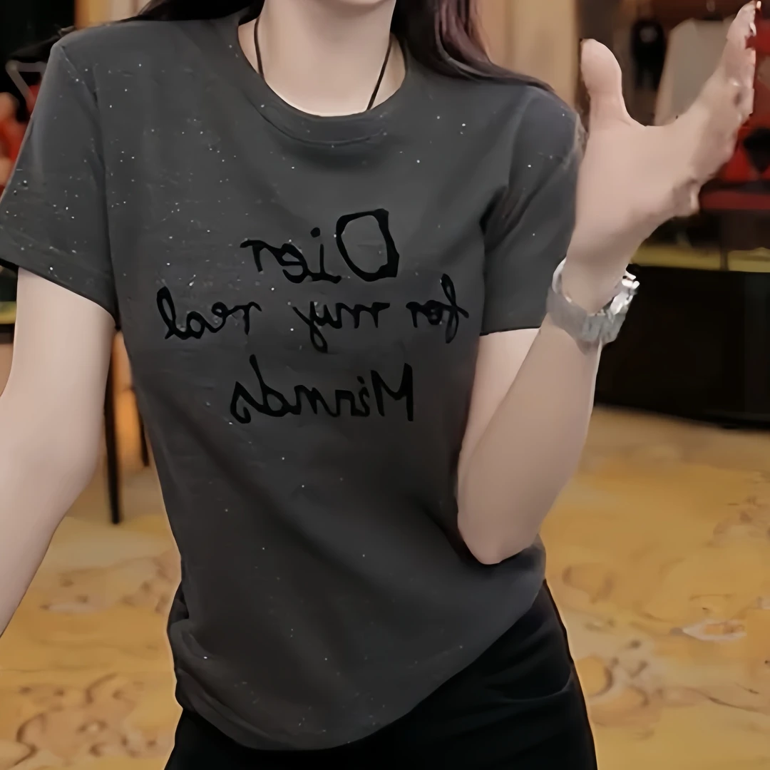 新款撒银圆领显瘦时尚百搭洋气字母遮肉短袖T恤女上衣女2025夏季