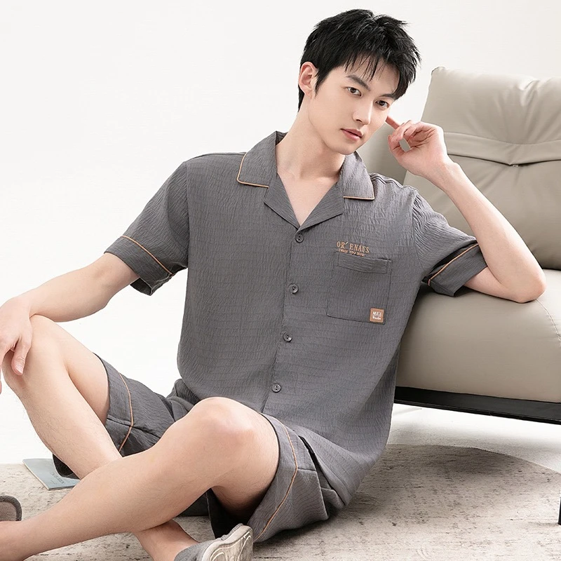 2025新款夏季男士短袖短裤云朵棉开衫睡衣大码宽松简约家居服套装