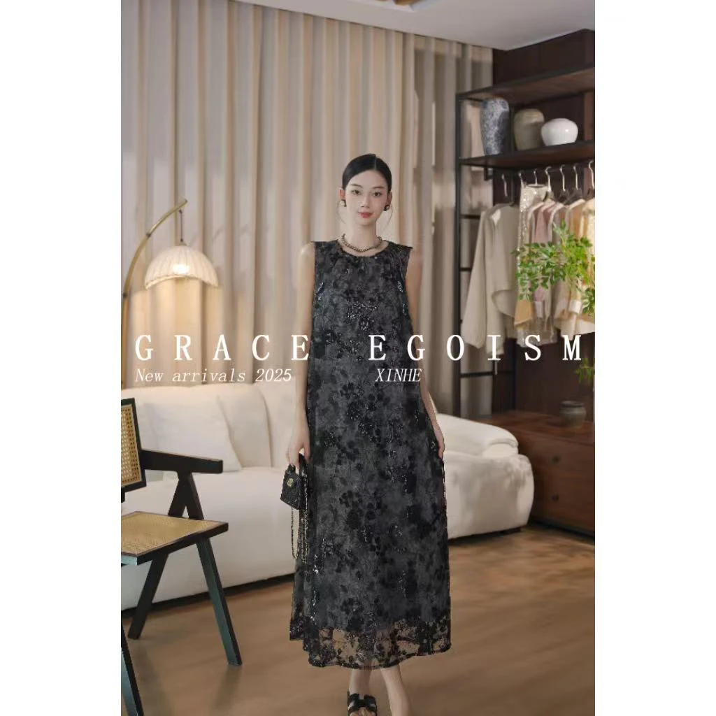 金禾【塞纳星夜】折扣夏款国风原创亮片刺绣碎花高级感连衣裙3554