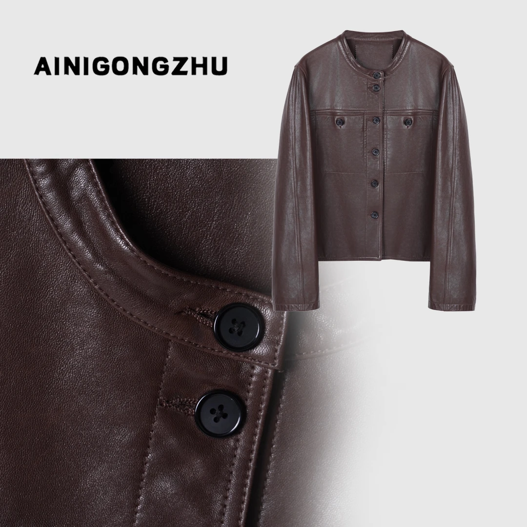 AN艾妮公主2025春季新款女装气质显瘦圆领真皮绵羊皮皮衣M2253