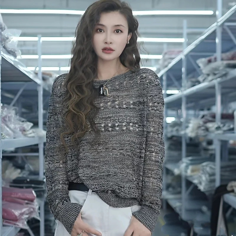 【倩倩精选】夏季时尚高级圆领镂空花纱气质百搭针织衫A313#