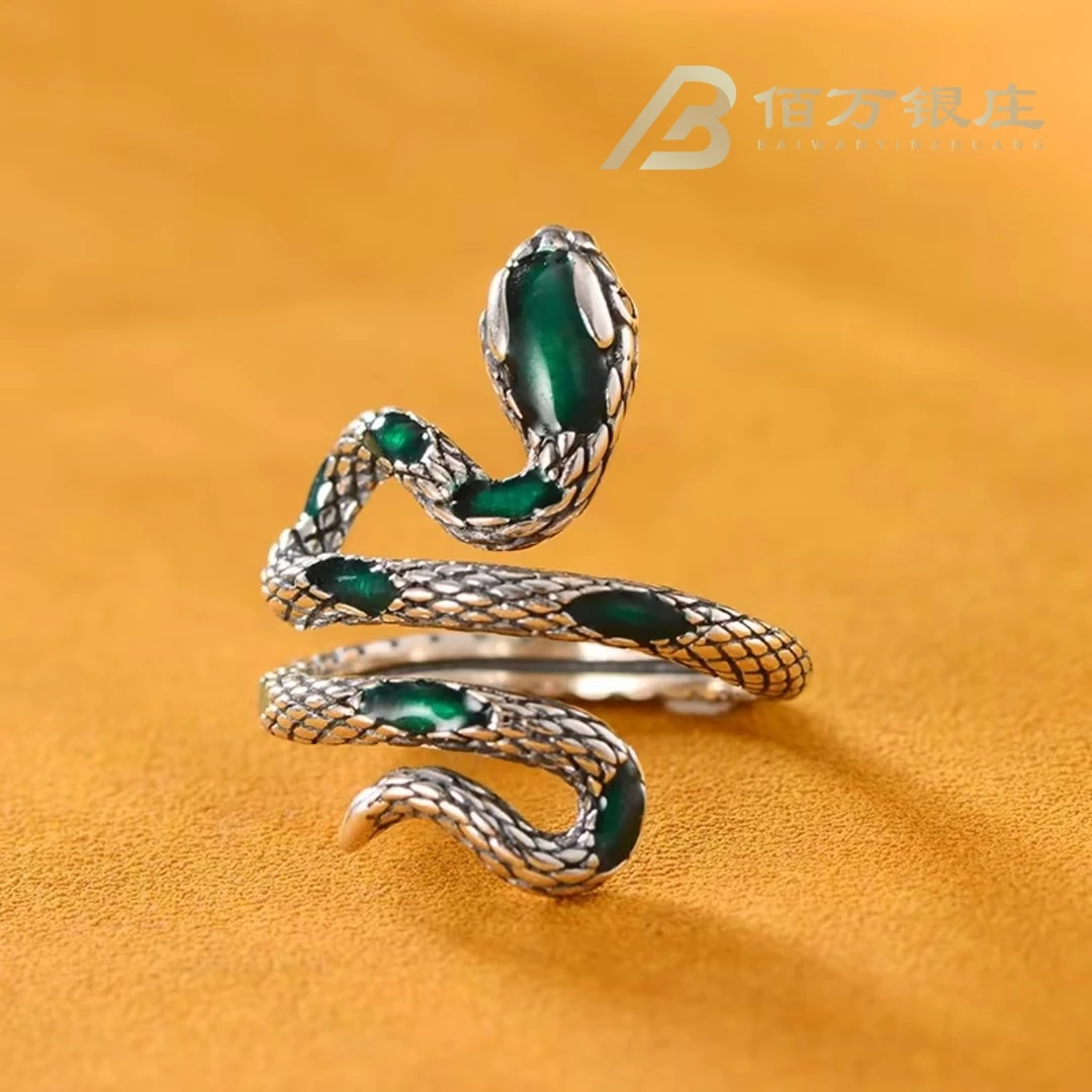 925银戒指 【佰万银庄】绿色珐琅彩灵蛇戒指时尚气质复古个性小众