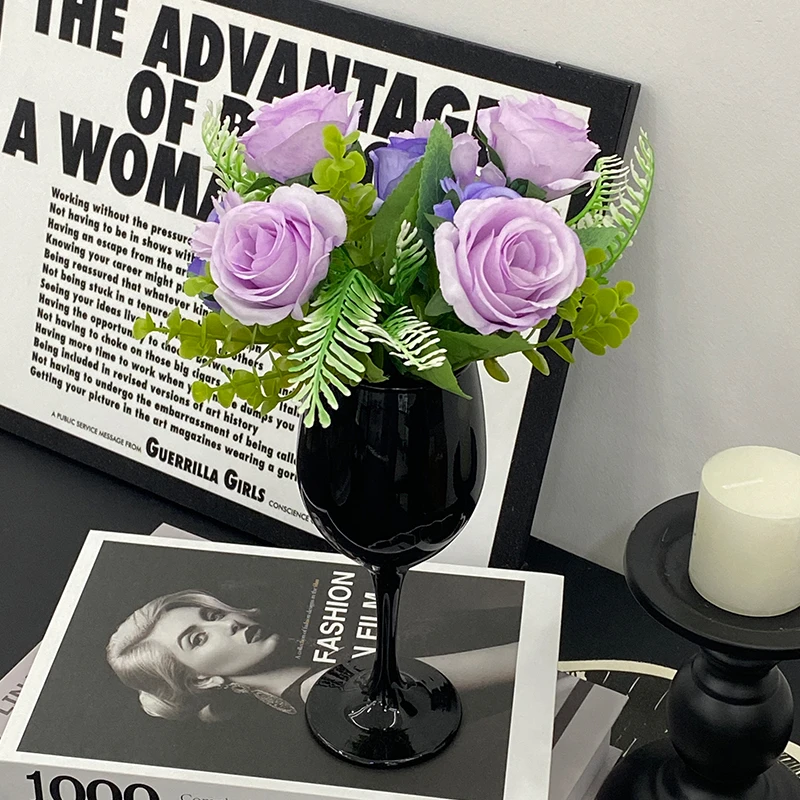 轻奢高档仿真花束假花客厅装饰摆件高脚杯绢布餐桌花艺摆设