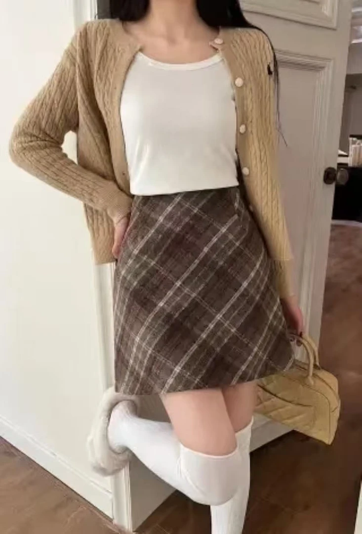 4(直播专用）格子百搭高腰打底复古O型秋季女秋冬复古a字半身裙