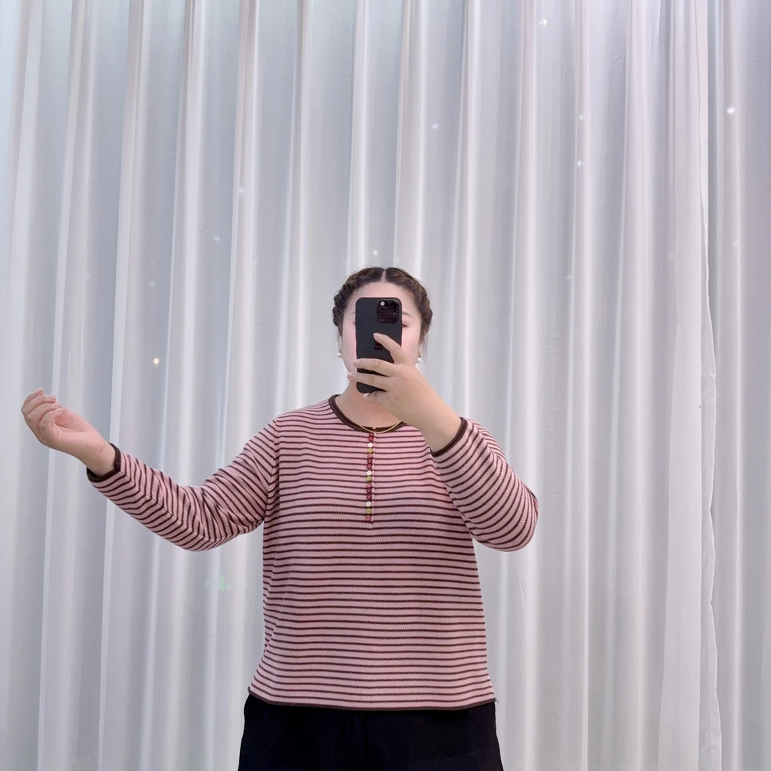 壹嘉胖宝  早秋长袖100棉麻显瘦针织T恤衫上衣225