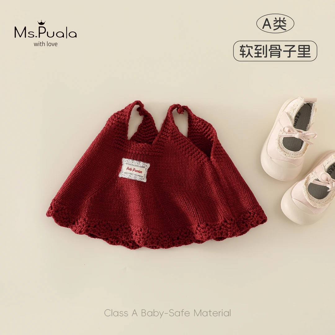 【Ms.Puala草莓可颂】婴幼儿童装女宝宝酒红A字连衣裙U型领口针织裙