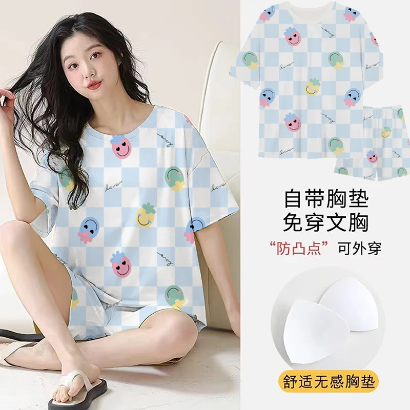 2025新款大码夏季短袖睡衣女夏天少女甜美自带胸垫家居服套装外穿