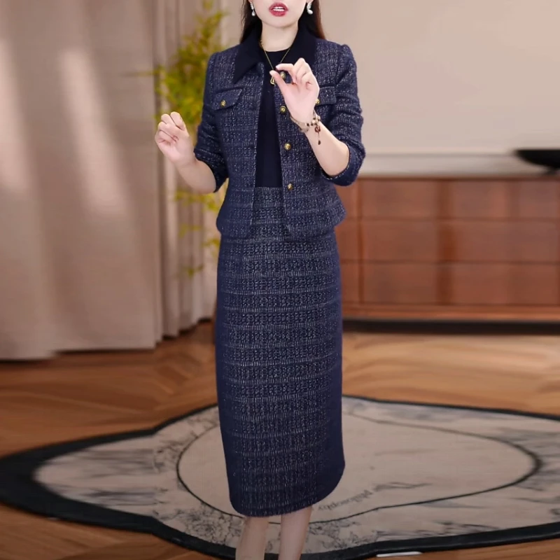 雪花绒加厚小香风套装裙2025秋冬新款高级感中长款两件套连衣裙子