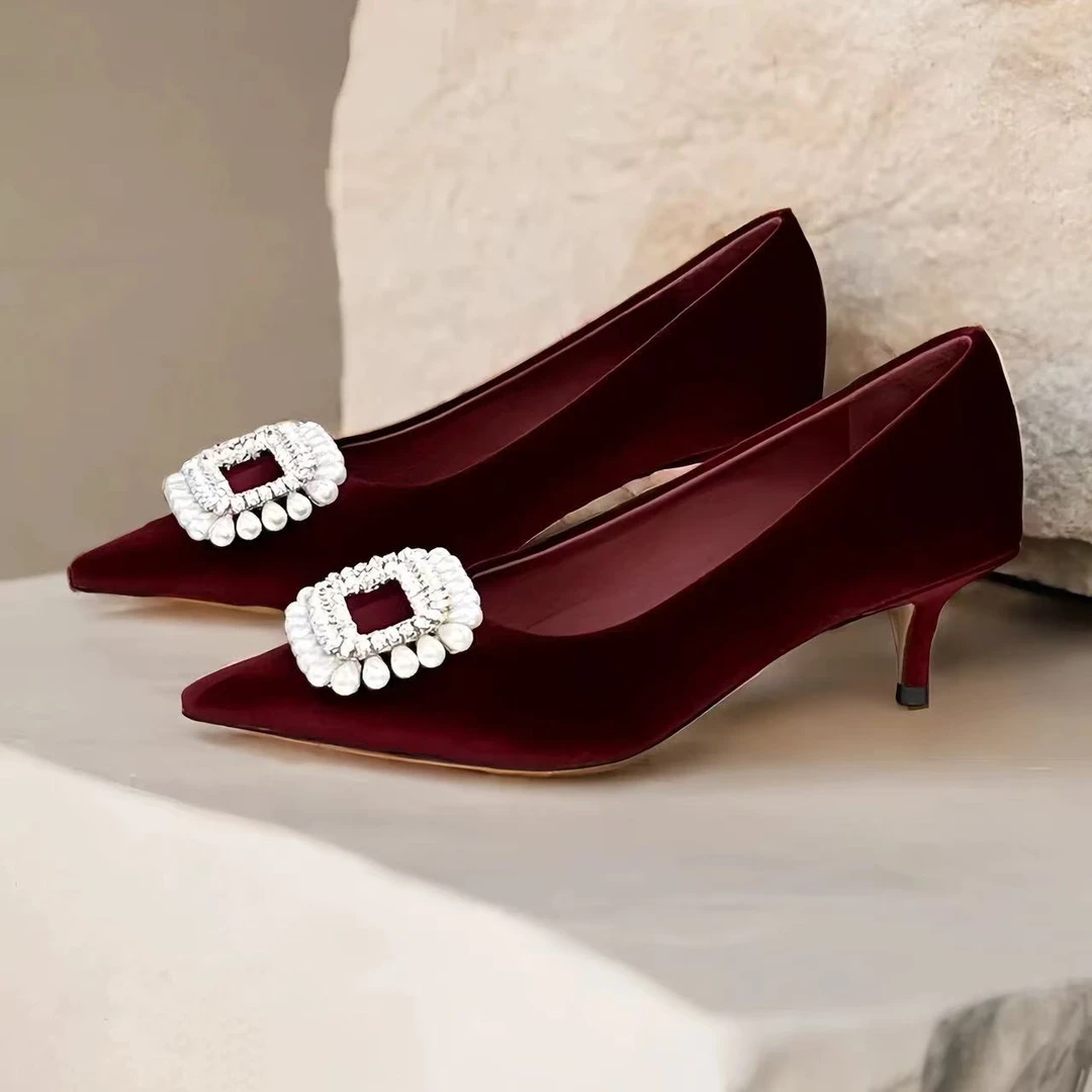 C3139 酒红色 高端时尚尖头气质细跟浅口女单鞋