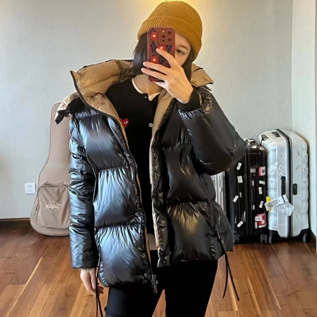 未使用 MONCLER parana 黑金大翻领撞色短款厚款鹅绒羽绒服