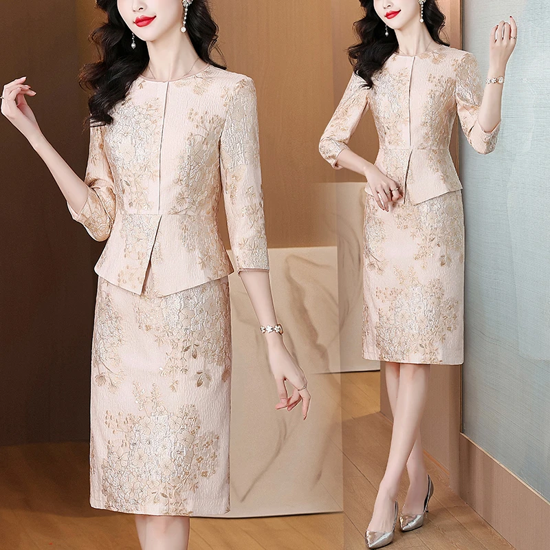 大码洋气减龄假提花假两件连衣裙女夏季新款时尚优雅妈妈装一步裙