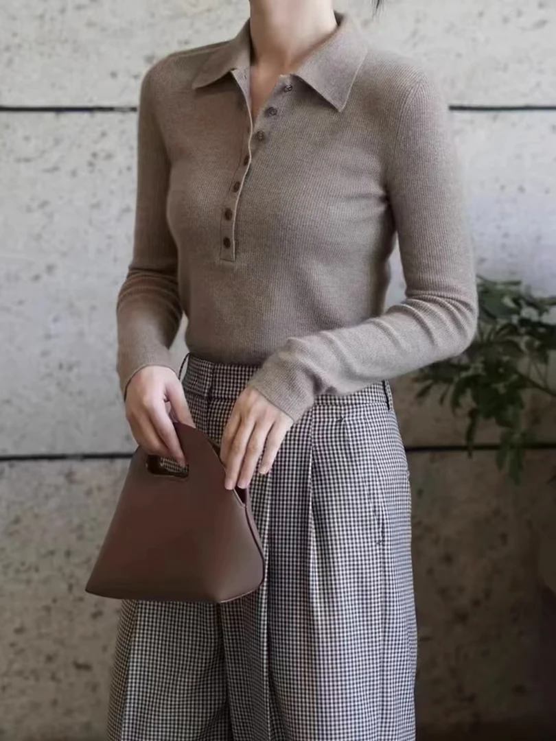 小禾家100%绵羊毛早秋新款美拉德色经典翻领半开秋冬羊毛衫打底衫