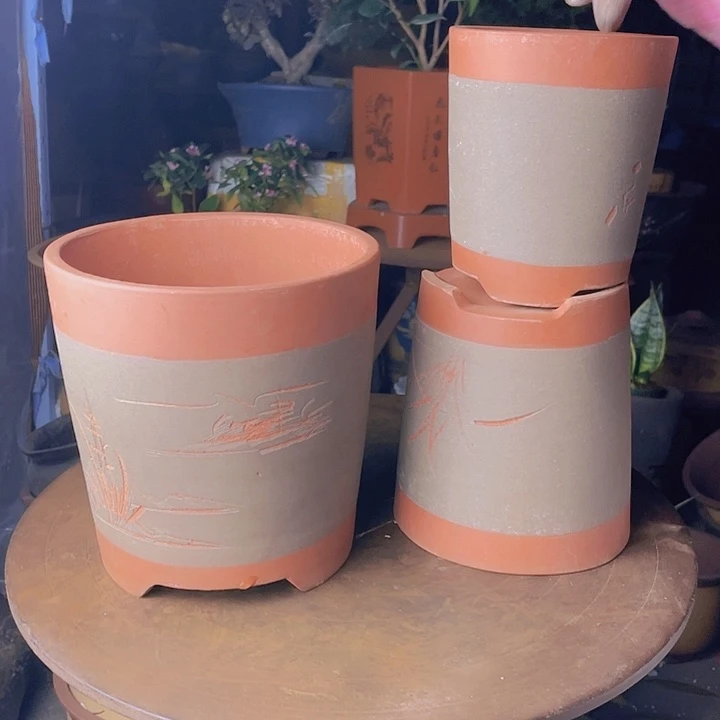 紫砂宜兴灰灰笔筒三件套