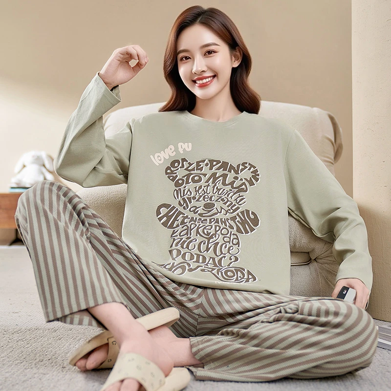 春秋季长袖纯棉300斤可外穿家居服套装加肥加大码睡衣女胖mm200斤