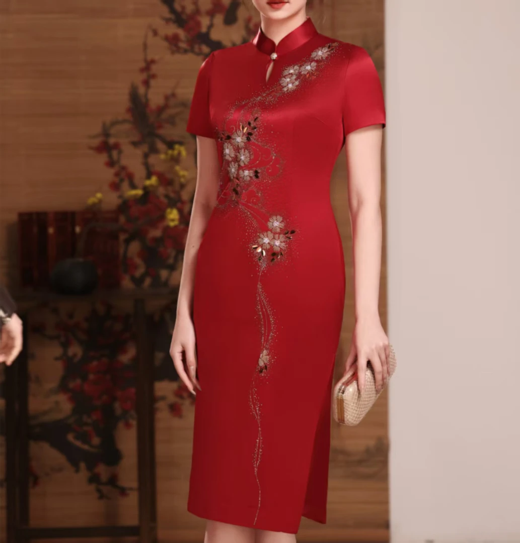 日常复古港风短袖旗袍中国风新娘酒红色复古中式（一帆手工钉珠