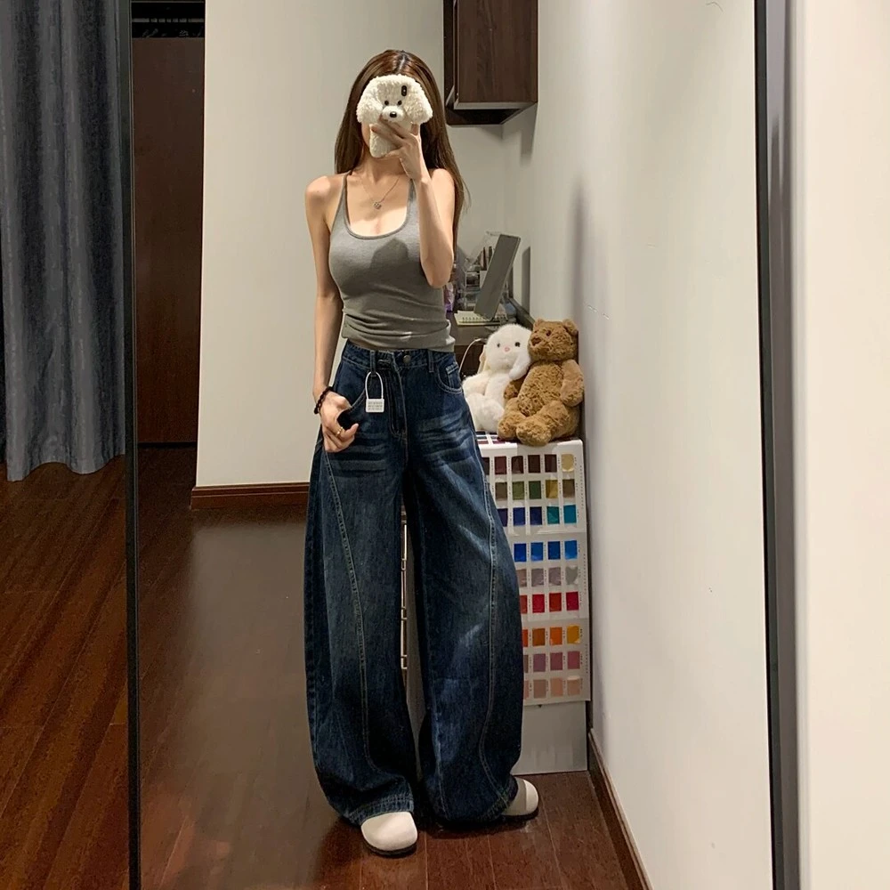 小个子牛仔水洗复古极简风女梨形身材弯刀裤秋季牛仔裤宽松直筒裤