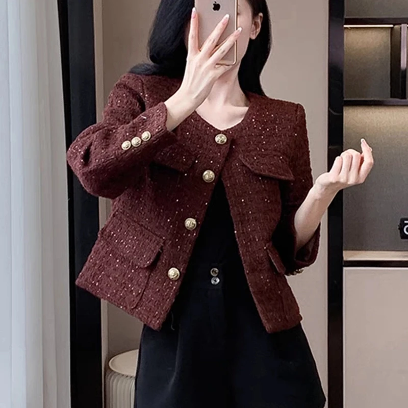 【现货}2025春秋季新款名媛小香风亮片圆领短外套洋气时髦