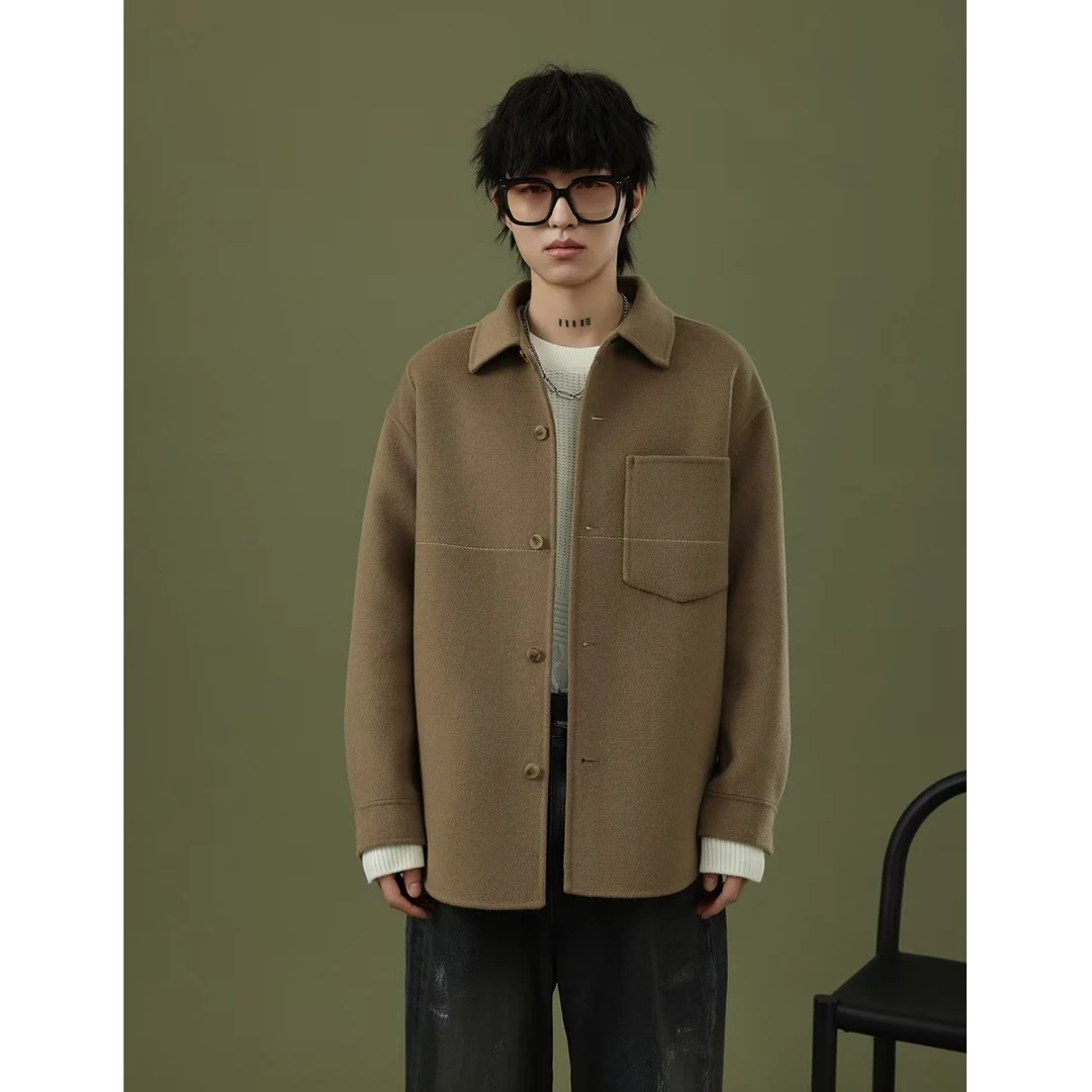 绗缝免烫处理冬季翻领毛呢大衣秋季时尚外套宽松上衣-8001C