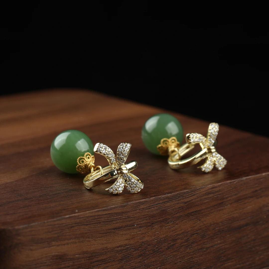 【大国非遗】俄料和田玉碧玉（S）耳饰10mm6g 27596