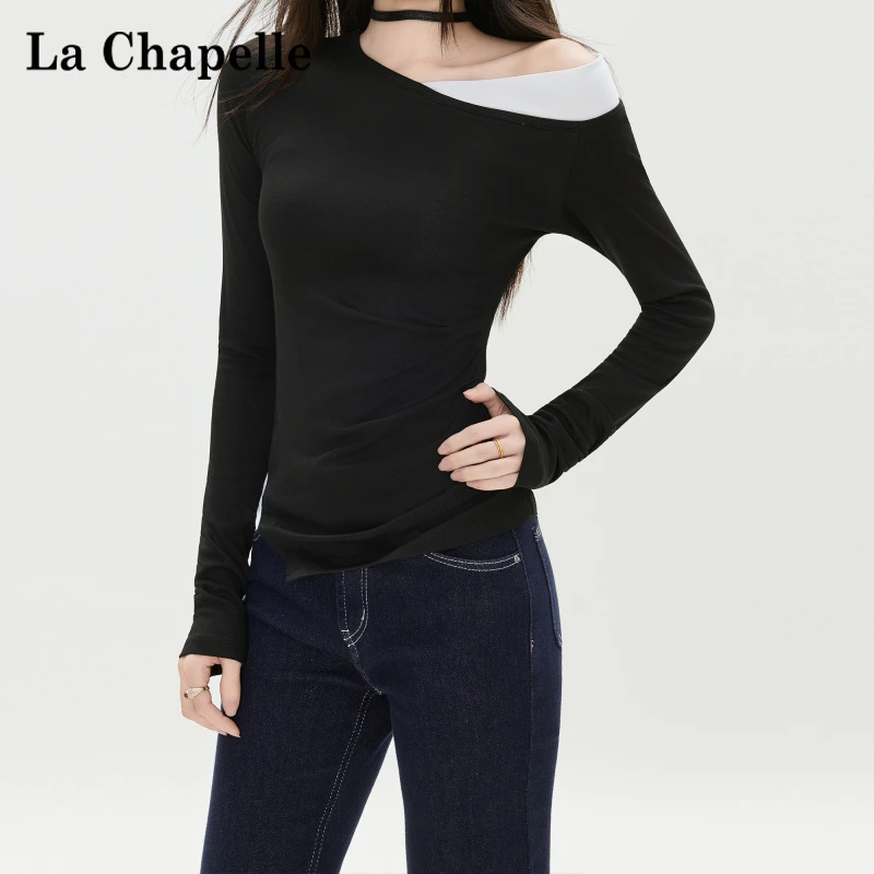 拉夏贝尔黑色撞色拼接长袖T恤女小众内搭纯欲风修身显瘦斜肩上衣