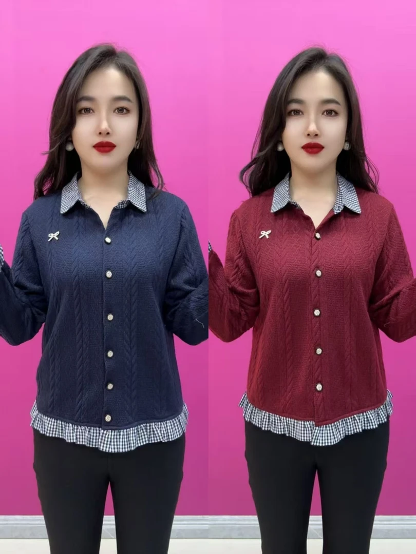 25179方格娃娃领针织开衫