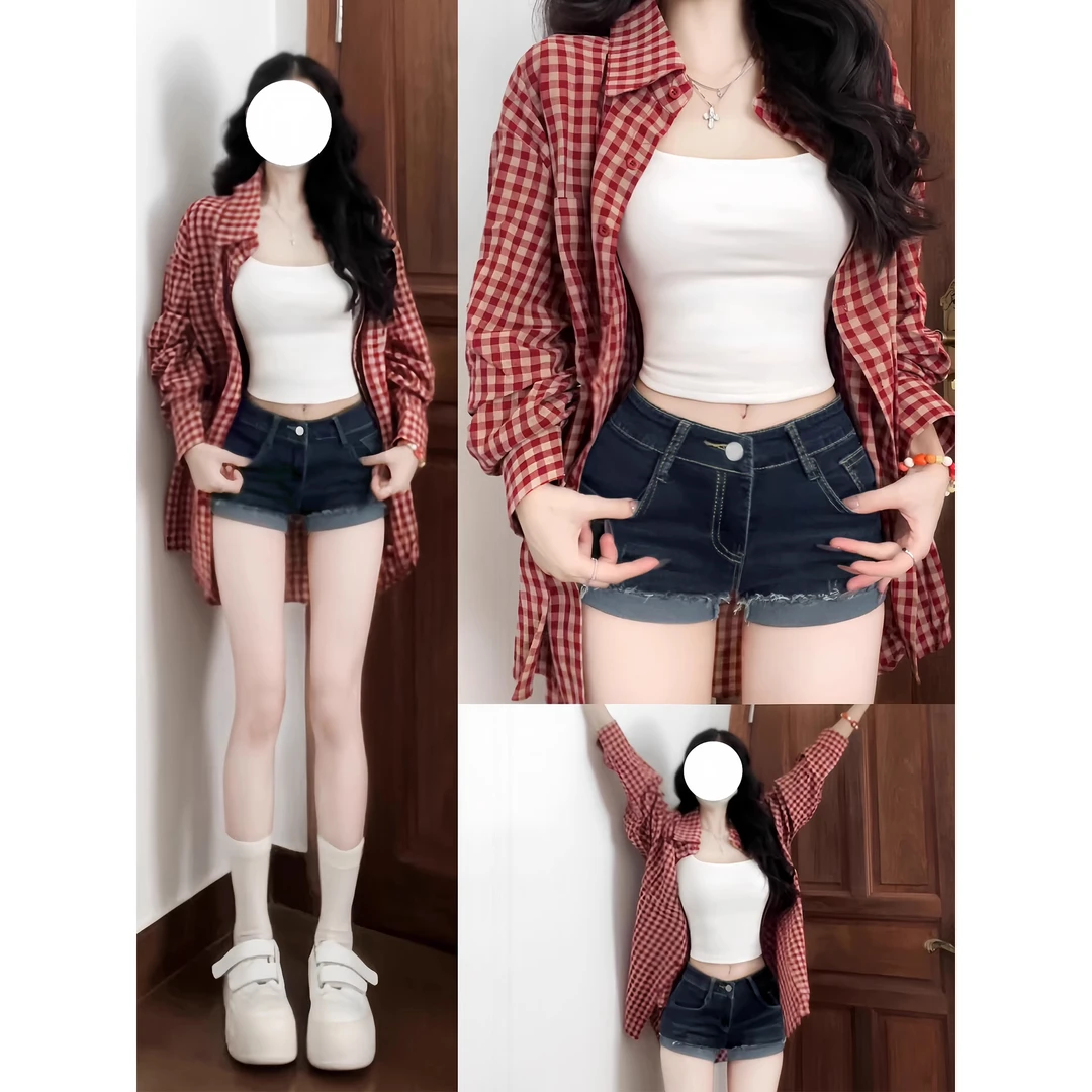 深蓝色卷边牛仔短裤女夏季胖妹妹mm高腰弹力显瘦辣妹包臀a字热裤