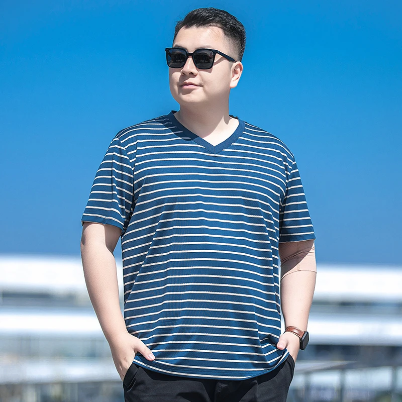 胖子遮肚显瘦V领半袖t恤夏季新款加肥大码男士条纹速干短袖体恤衫