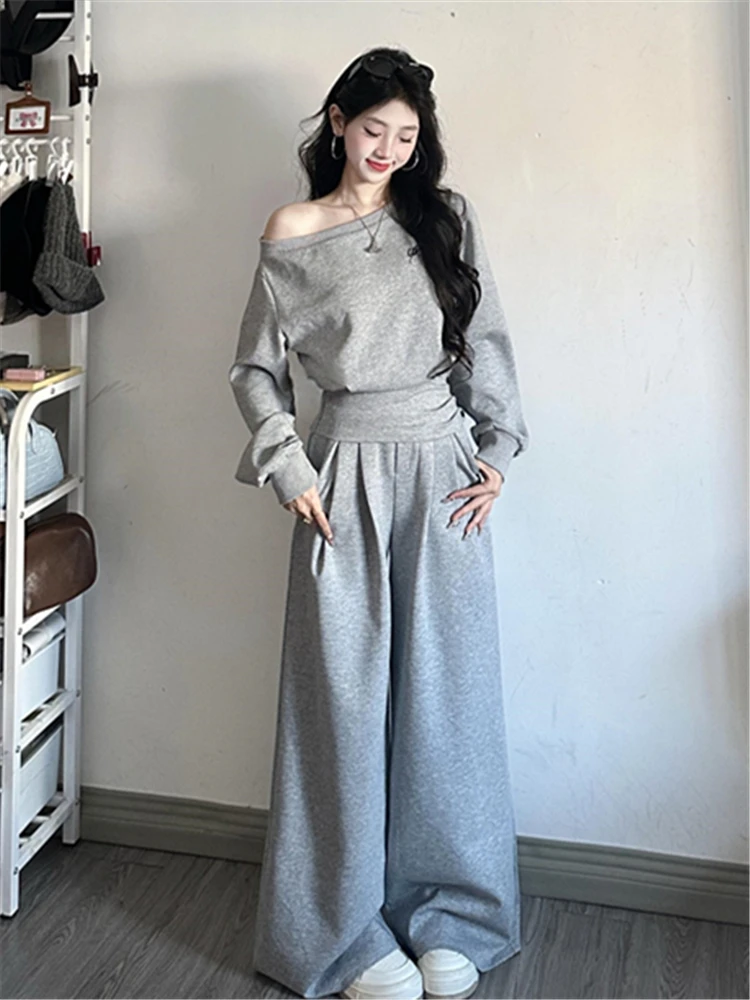 韩系氛围感灰色休闲运动套装女春季短款收腰斜肩上衣阔腿裤两件套