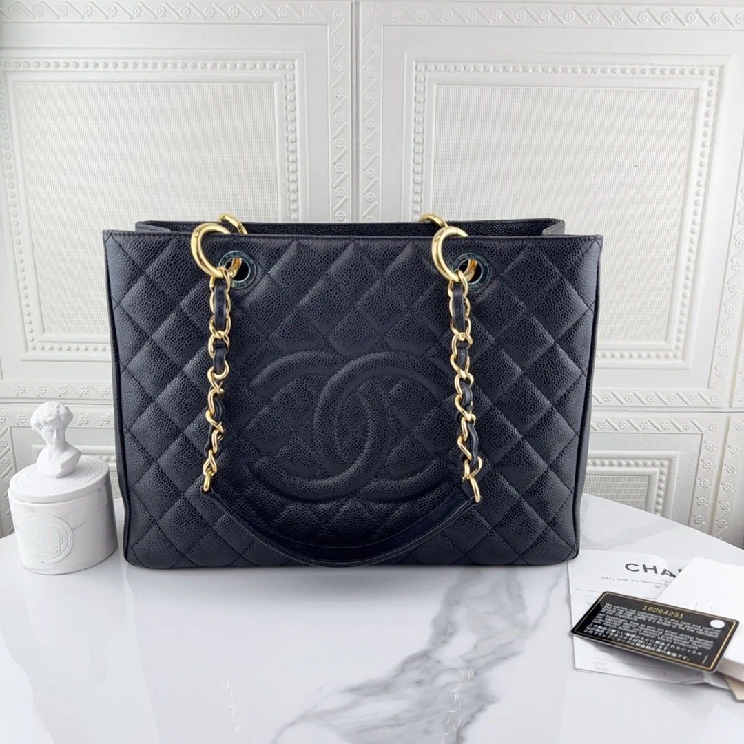 99新 Chanel/香奈儿 时尚黑金荔枝牛 GST 单肩手提包16开二奢包包