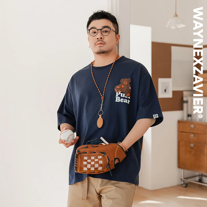 韦恩泽维尔加肥加大宽松大码男夏圆领卡通印花抗皱打底T恤9178