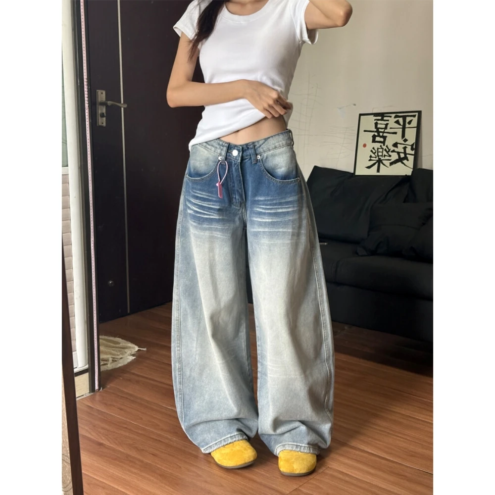 美式水洗立体猫须设计感牛仔裤女2025秋季宽松显瘦百搭阔腿直筒裤