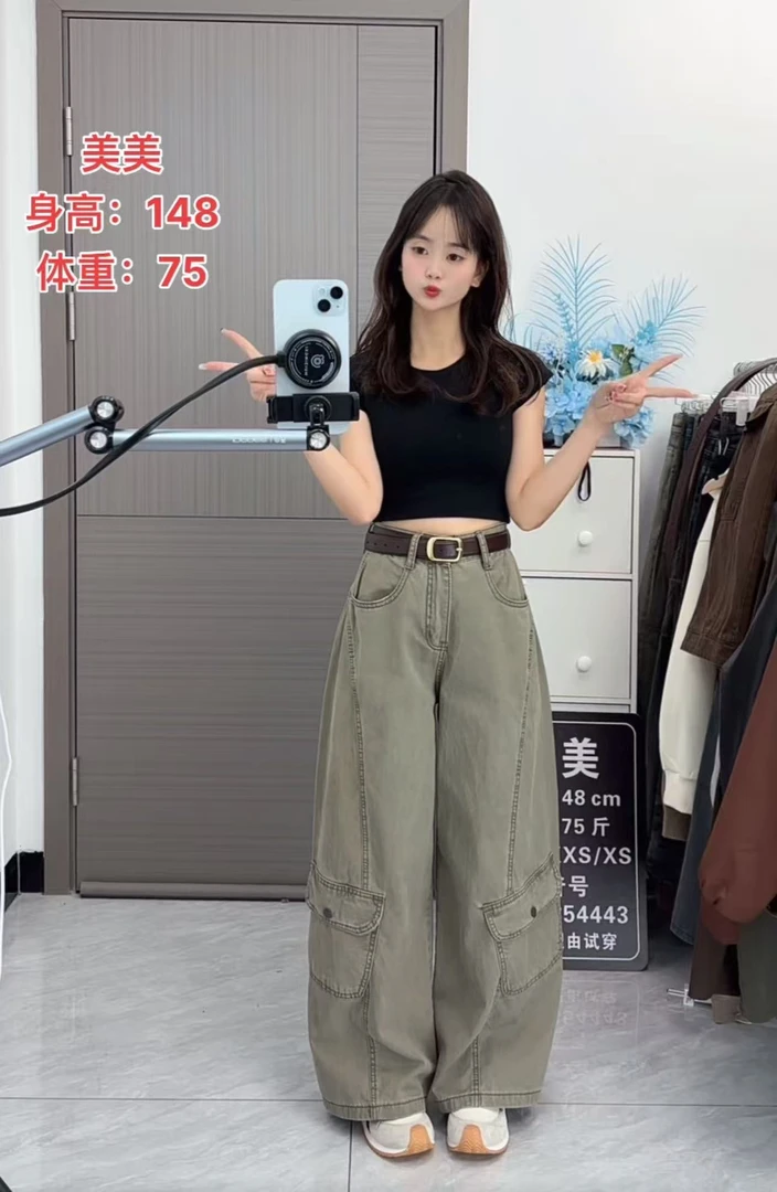 小个子美式复古阔腿弯刀牛仔裤女秋季高腰宽松显瘦直筒休闲工装裤