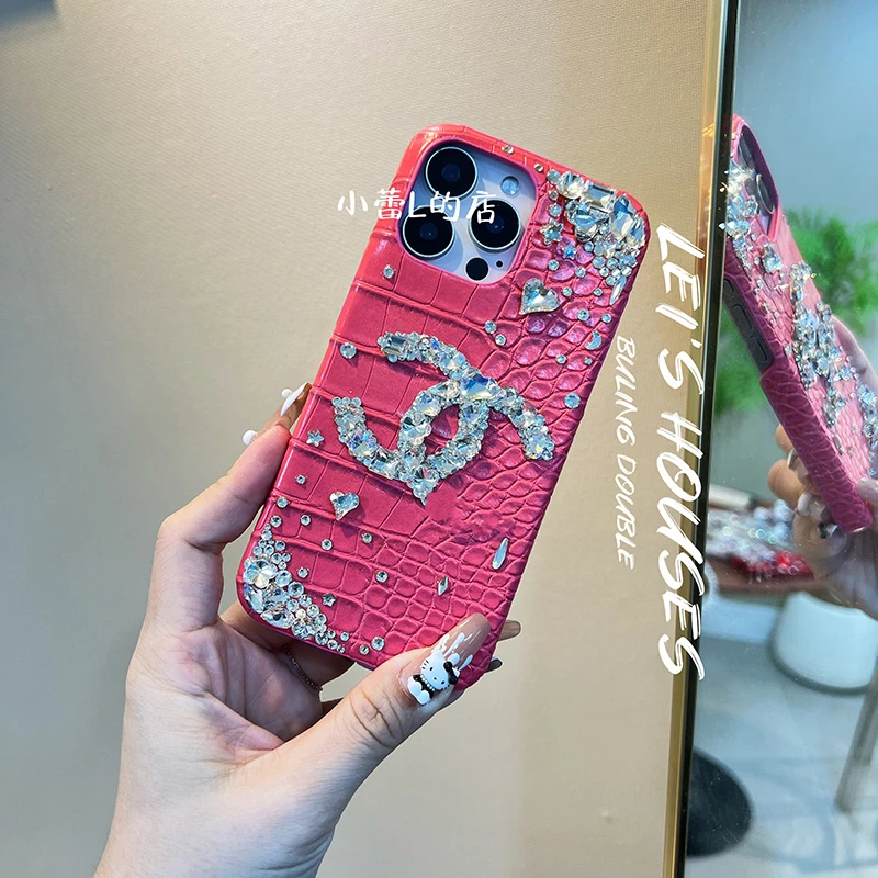 小香风鳄鱼纹皮质ins水钻14promax手机壳15pro适用16promax华为13