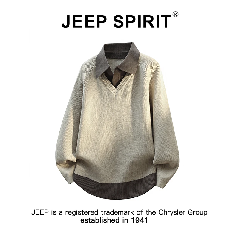 Jeep吉普老钱风假两件翻领毛衣男士秋冬宽松针织打底衫高级感男装