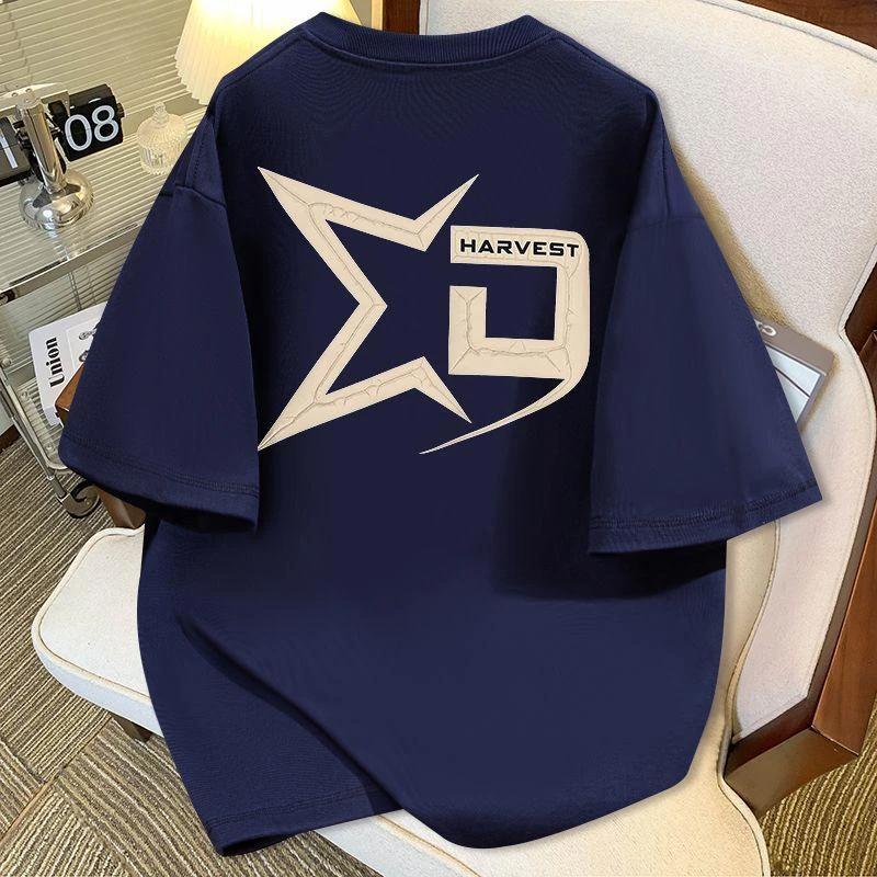 2025夏季美式复古印花短袖T恤男女宽松大码设计感学生半袖体恤衫