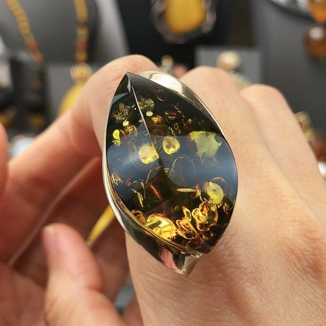 琥珀银S925镶嵌戒指