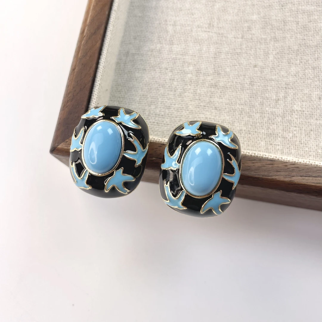 铜合金耳饰 手工气质蓝色轻奢时尚复古耳钉耳扣