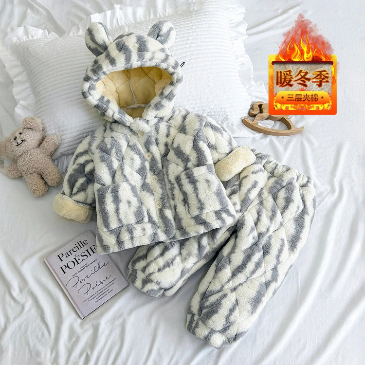 男童卡通三层夹棉家居服套装冬季加绒加厚保暖冬天连帽睡衣可外穿