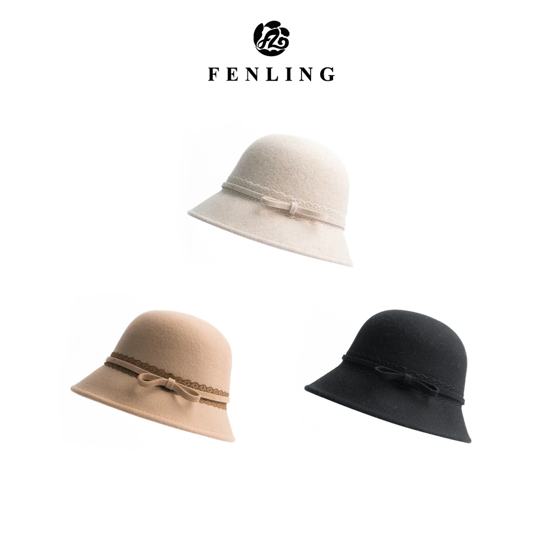 芬领-羊毛蝴蝶结圆顶礼帽​​-秋冬氛围感百搭羊毛蝴蝶结优雅-MZ133