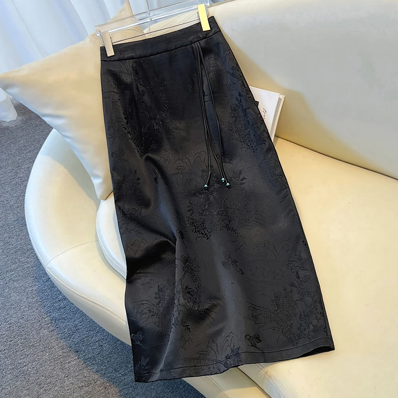 新中式国风半身裙中长款女春秋2025新款开叉提花显瘦a字包臀裙子