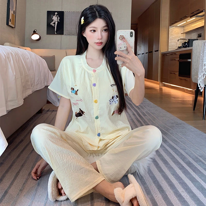 三件套云朵棉短袖开衫睡衣女生夏季新款带胸垫薄款休闲舒适家居服